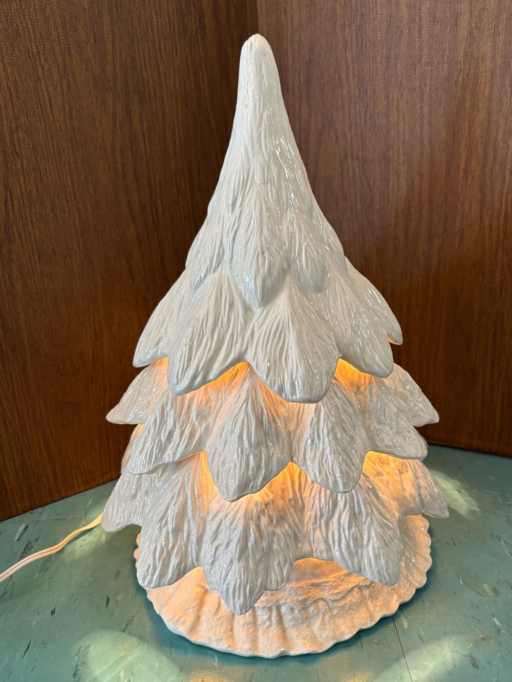 Vintage ceramic Christmas tree electric light up white minimalist
